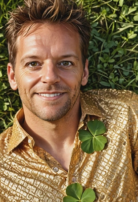 sharp skin texture details, close-up, smiling, gold blouse, lying in a four-leaf clover, golden hour