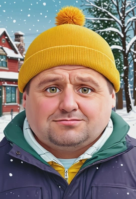 South Park flat cartoon style, flat colors, Eric Cartman from South Park, soft smiling, cartoon eyes with dots pupils, waist-up portrait, snowy street background