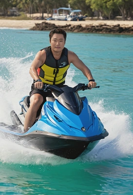 on a jet ski, speeding through clear blue water, cinematographic style, blurry background, professional filming, smiling 