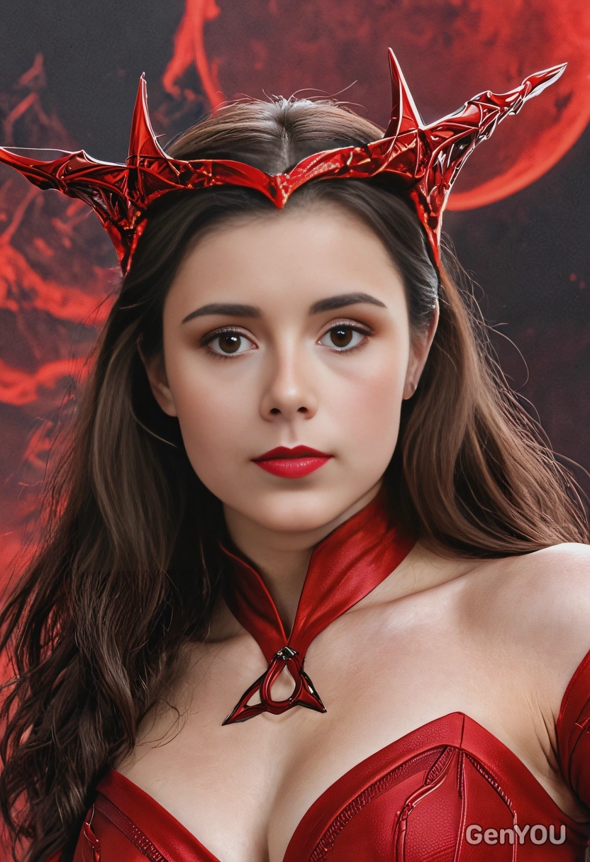 Scarlet Witch, in a crimson-hued mystical realm