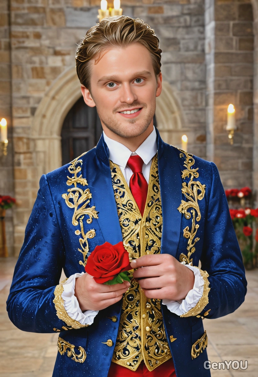 as a prince in fancy blue and golden waistcoat, inside a castle hall, holding one red rose in hand, smiling, close-up shot, eyes on center, vivid colors, symmetrical clothing details, cartoon style, high-quality stylized art