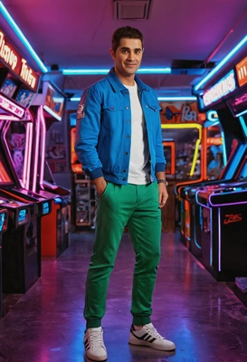standing in a neon-lit arcade room, wearing a casual, trendy outfit