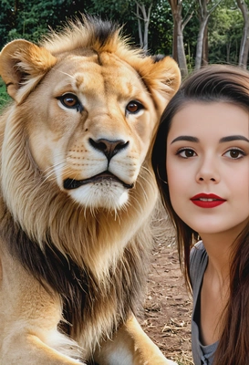 taking a selfie with a lion