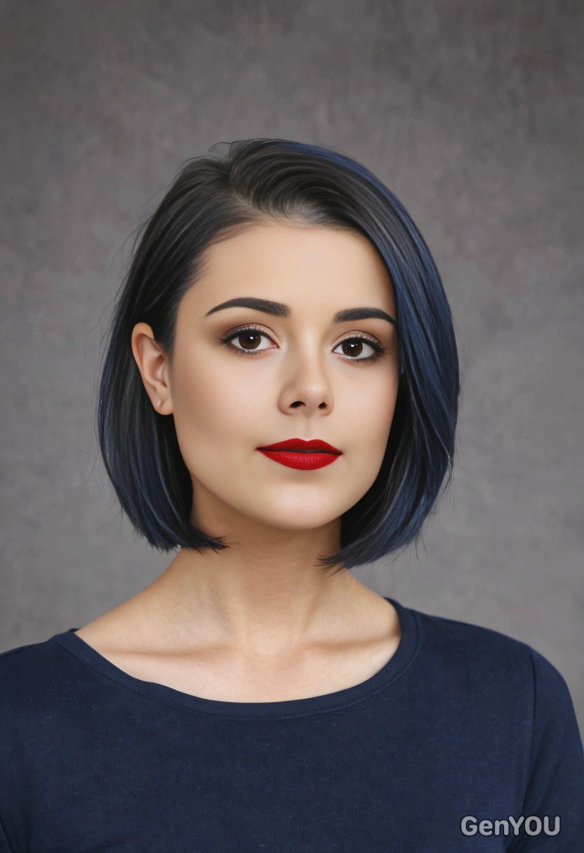 blunt lob with a sleek glass hair finish and deep navy blue tips, soft focus, blurred background