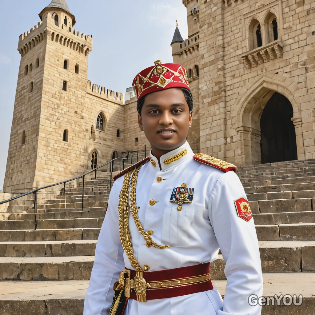 as a prince wearing a military-inspired royal uniform, posing confidently on the steps of a majestic castle with grand towers in the background