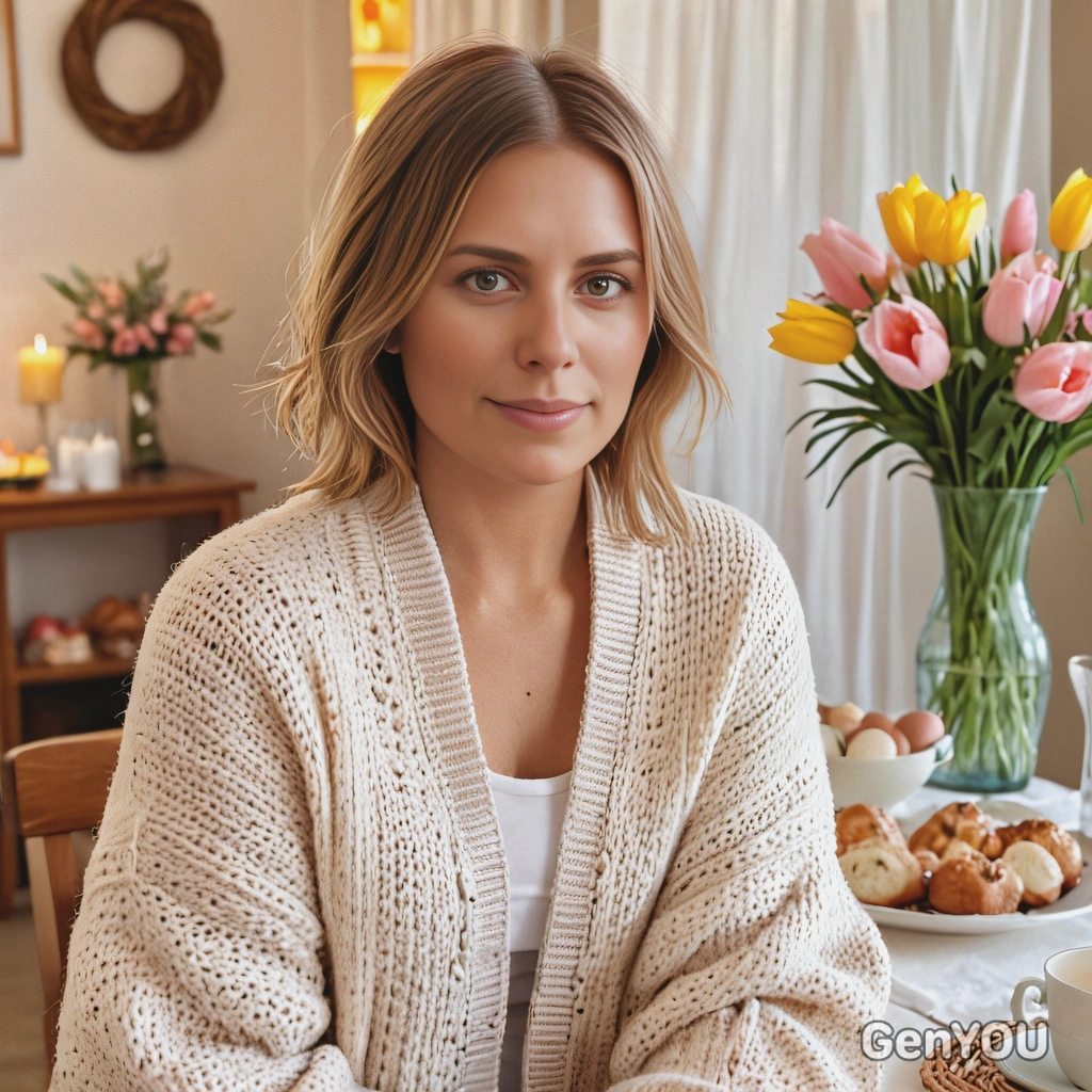 in an oversized, pastel cardigan sitting at a brunch table with Easter decorations. realistic skin texture, warm lighting, blurred background, dreamy look