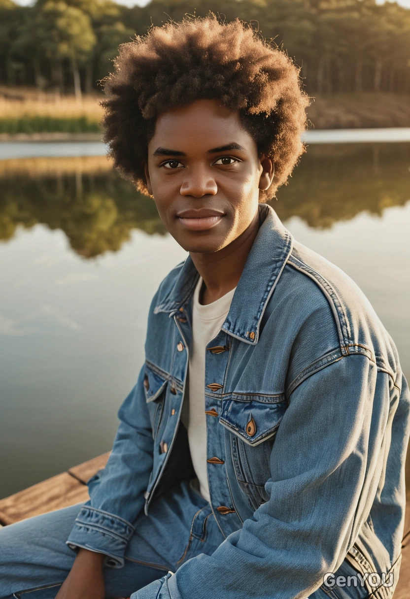 iPhone camera quality, hyperrealistic textured face skin, portrait photo, wearing trendy chunky oversized retro denim cropped jacket and wide leg pants, afro hair, sitting near a coffee, blurry lake countryside background, golden hour