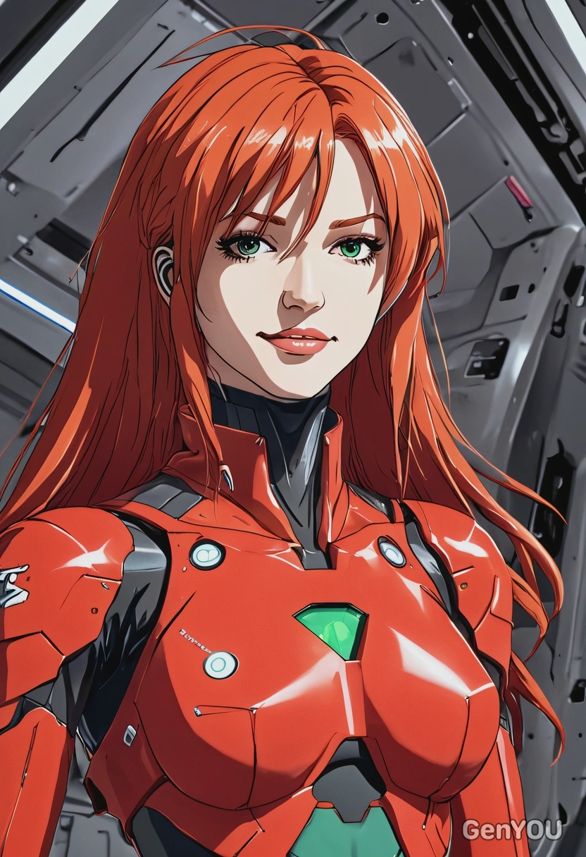 2D anime style, cel-shaded sci-fi, bold ink outlines, In Evangelion anime as Asuka Langley Soryu, confident smirk, oversized anime eyes, long fiery red hair, wearing her red plugsuit, standing in front of a massive EVA unit, waist-up frame