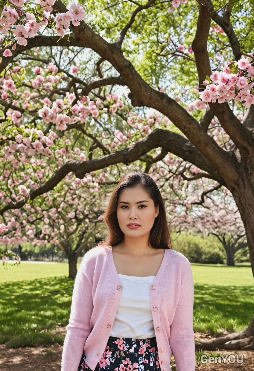 wearing a light pink cardigan and floral skirt, standing under a large oak tree, surrounded by blooming flowers, half body portrait 