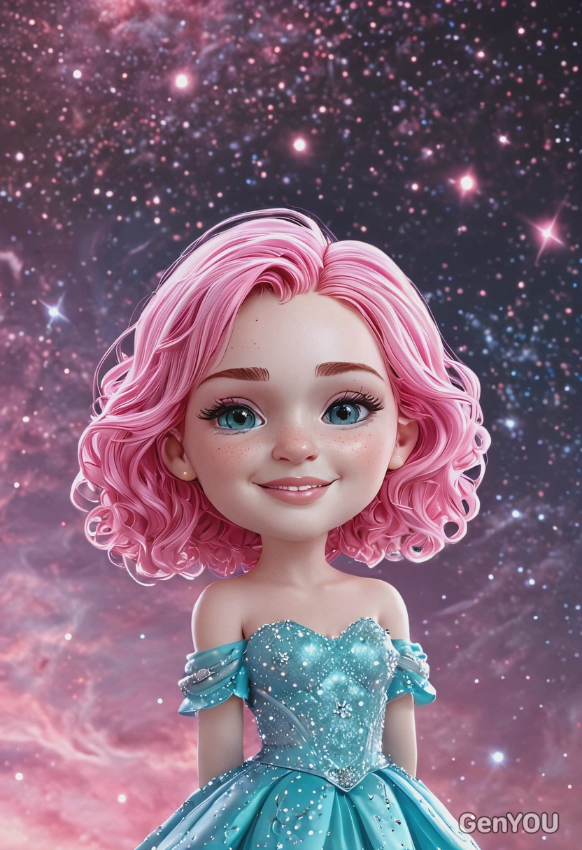 Chibi 3D cartoon style, female character with cyan eyes, wavy pink hair, wearing a shimmering gown, serene pose, celestial background with glowing stars and a soft nebula, waist-up portrait