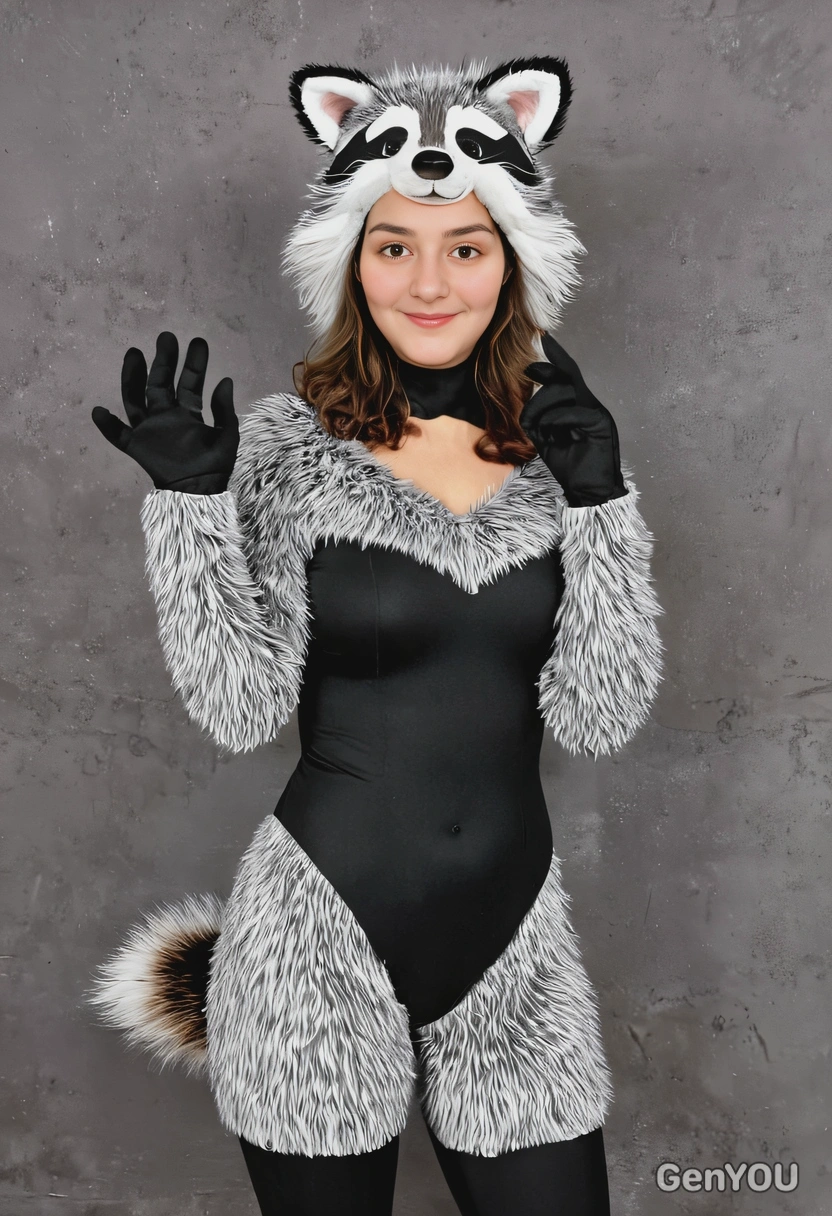 in a furry morph suit with raccoon pattern and furry tail, black gloves