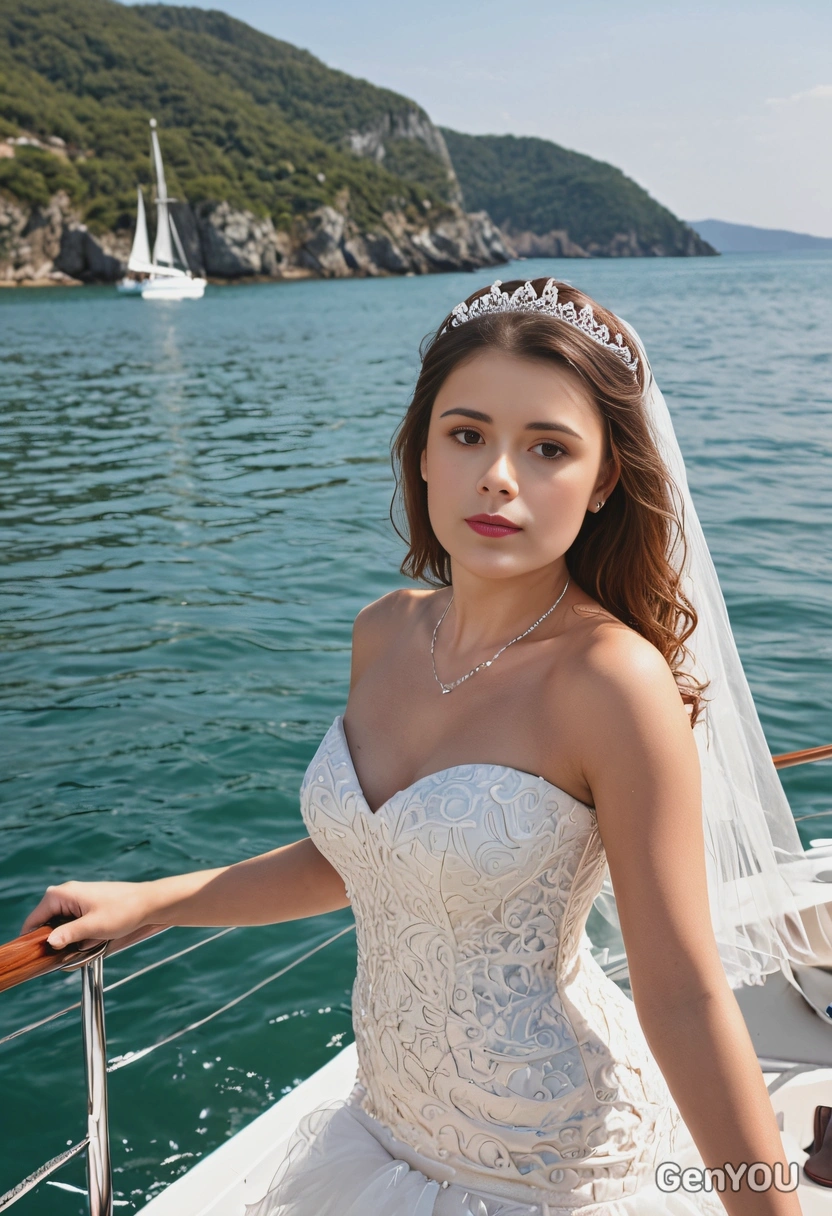 as a bride in a mermaid-style gown, standing on a yacht surrounded by the sea on a sunny day, mid shot photo 
