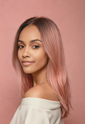 straight, shoulder-length hair dyed in rose pink with a subtle gradient to soft peach, set against a warm glowing background