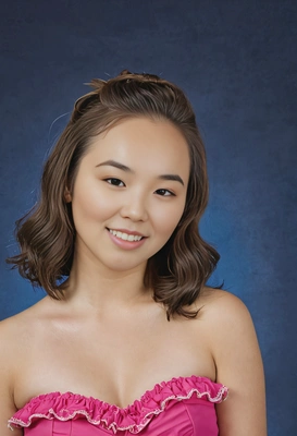 student in a frilly hot pink tube top, giving a confident smile, in a mid-length portrait against a classic blue yearbook background 
