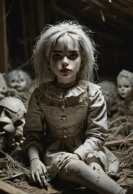 dressed as a sinister porcelain doll sitting in a dusty, forgotten attic, surrounded by broken toys and draped in cobwebs, head tilted at an unnatural angle, sharp, focused lighting from a single source creating high contrast, a cracked mask-like face with piercing, knowing eyes on you