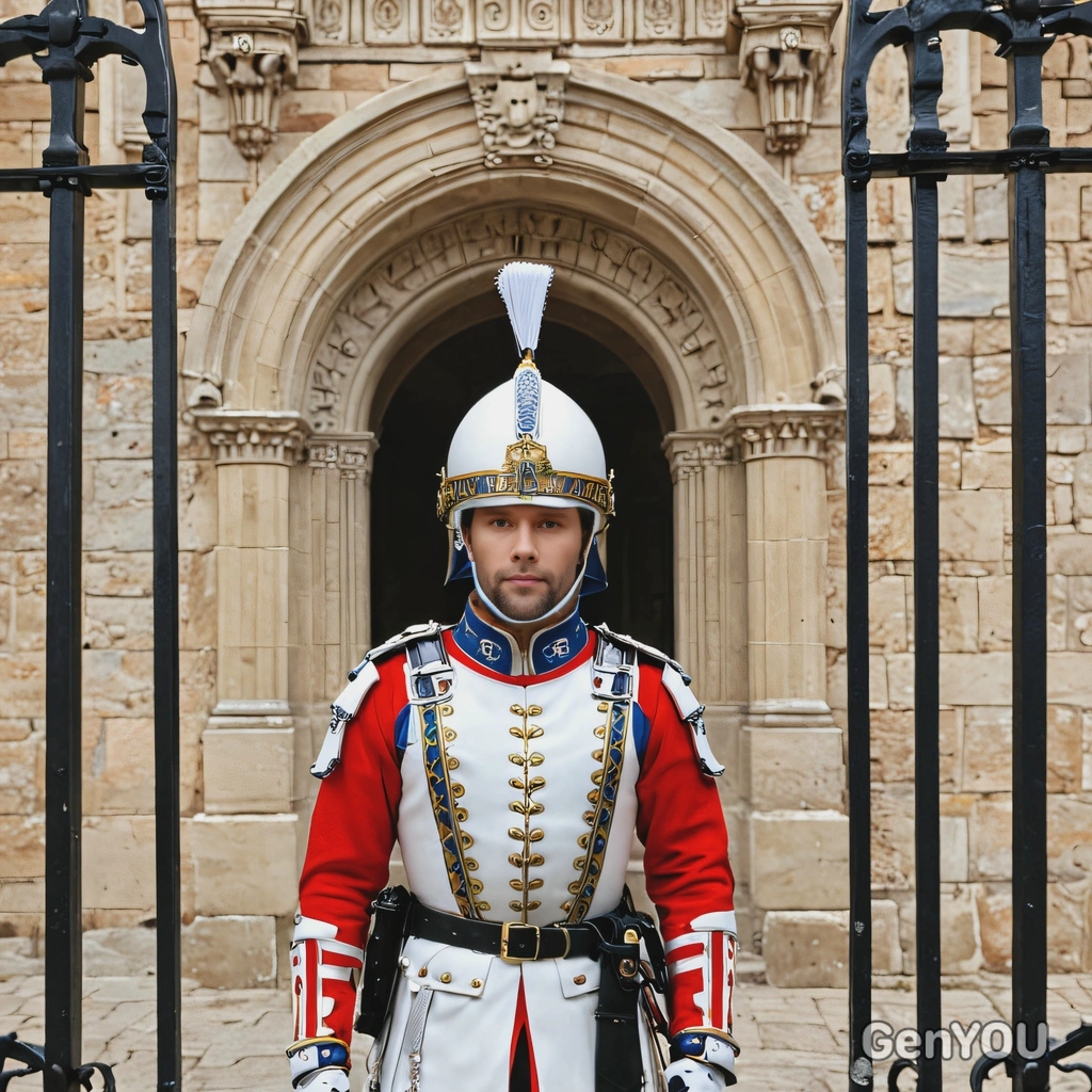 as a royal guard dressed in ceremonial armor, standing on of a grand castle gate
