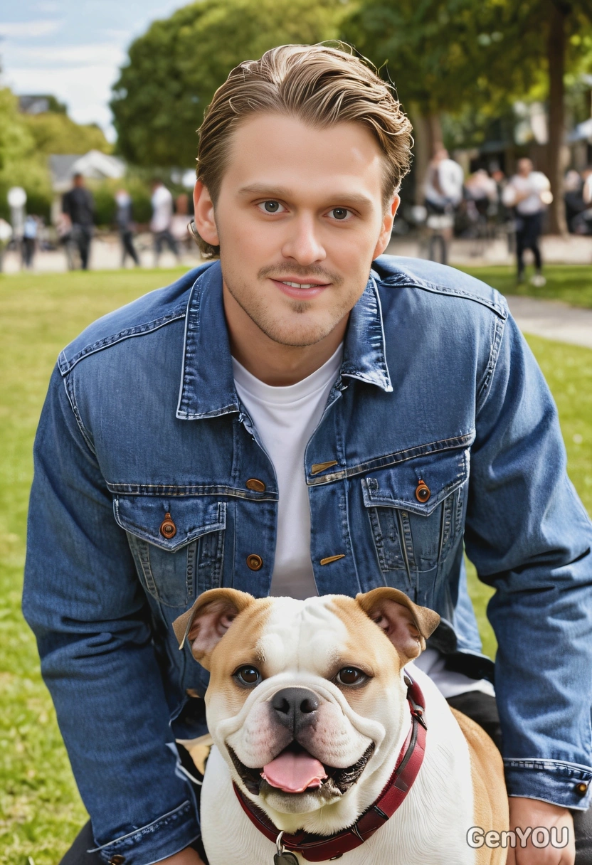 with a bulldog, smiling, jeans jacket, park, looking into the camera, blurred background