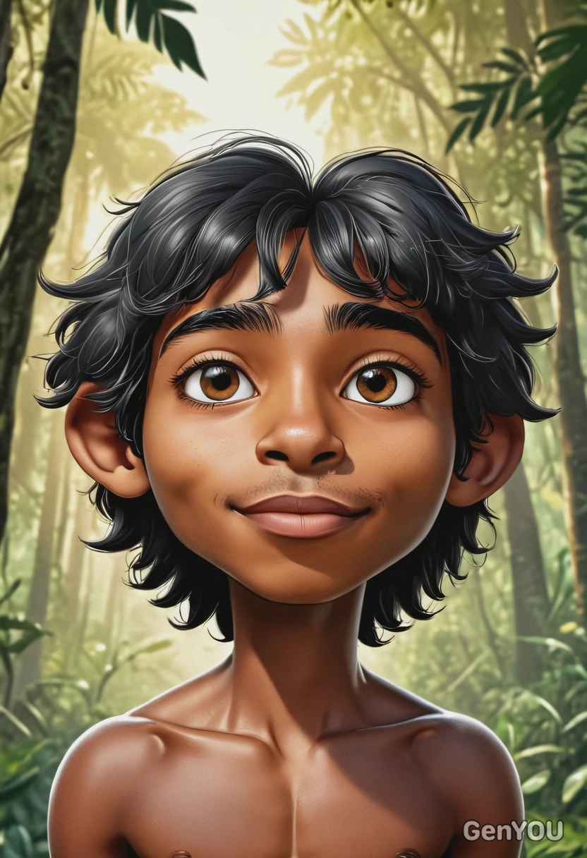Hand-drawn flat cartoon style, Mowgli from The Jungle Book, oversized cartoon eyes, sunny forest lighting, waist-up portrait, jungle trail background