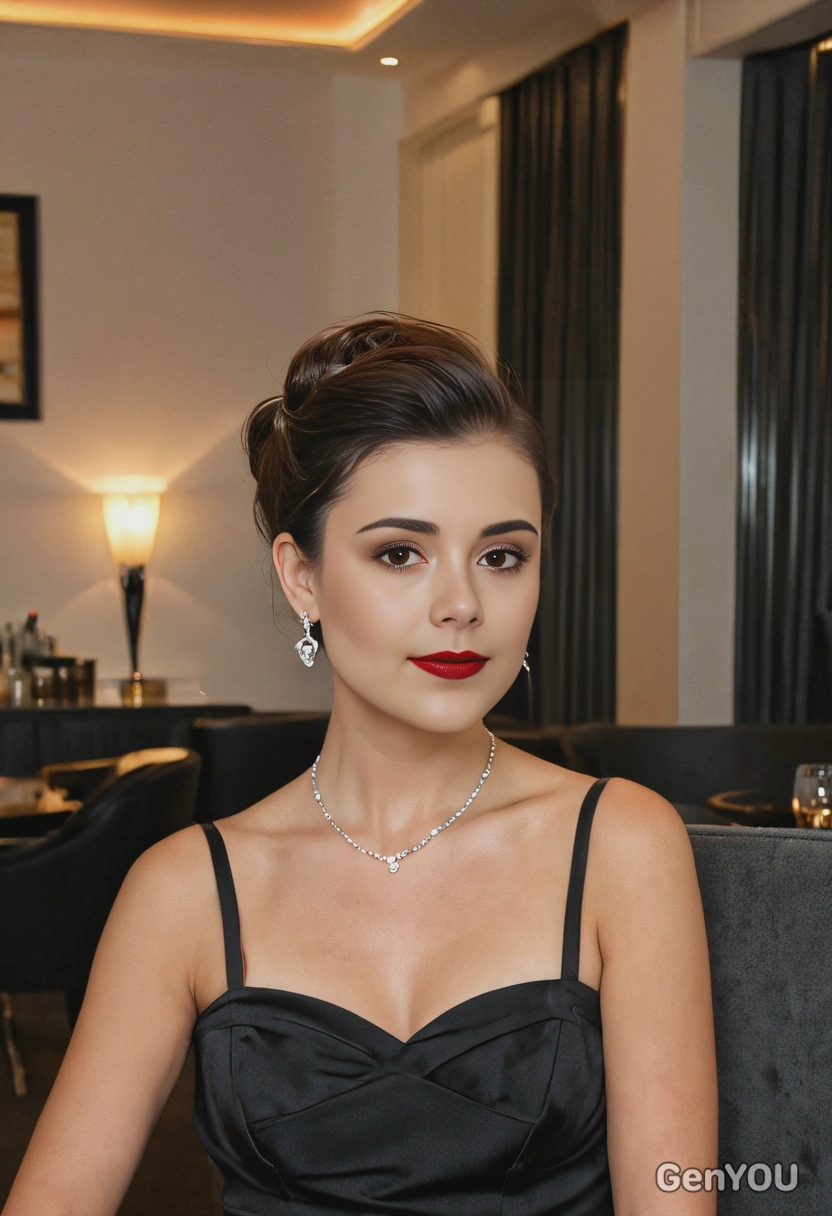 mid-shot, soft smile, with an elegant updo, small earrings, wearing a black cocktail dress, in a dimly lit lounge 