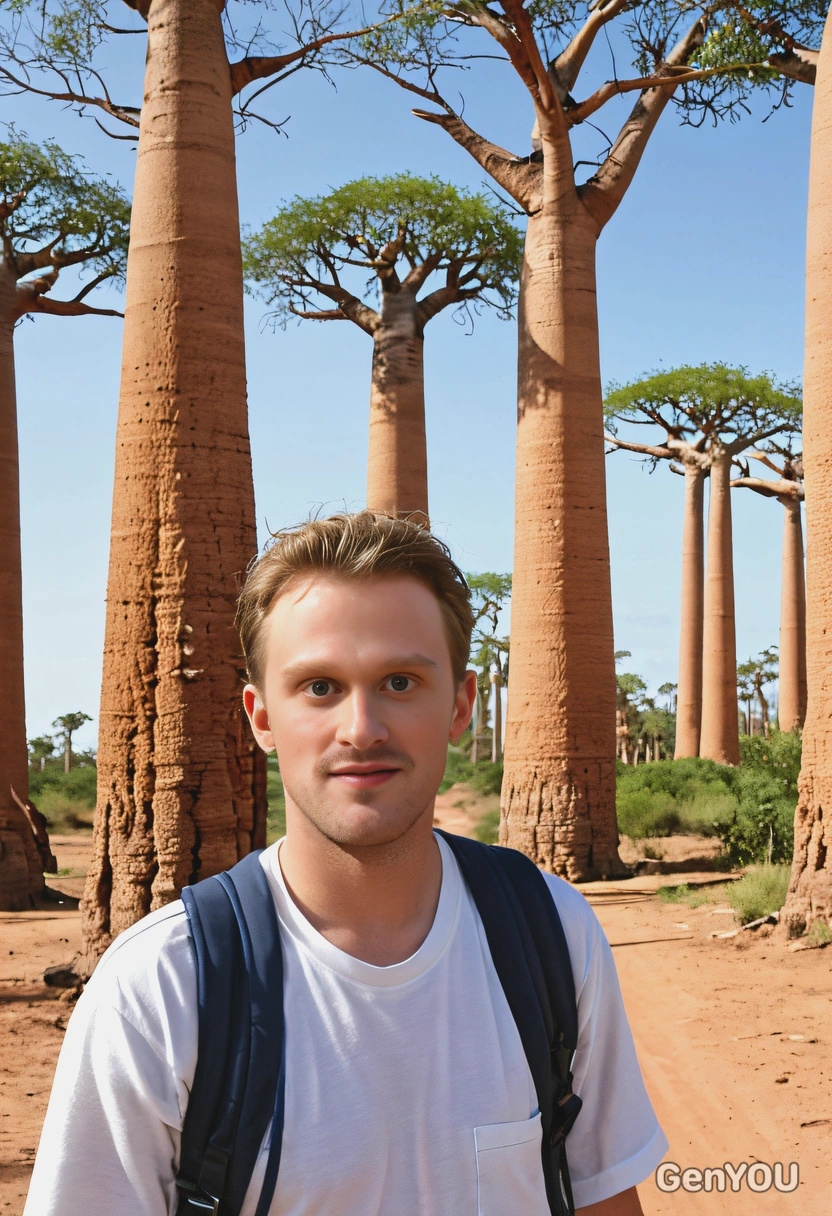 As a traveler, walking at the Avenue of the Baobabs in Madagascar, looking at the camera, half body view 