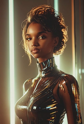 front-side silhouette of a flirty woman in futuristic glass dress, soft sensual vibe, mysterious mood, vignetting, Synthwave aesthetics, seductive eyes on viewer, half-body view, sun beams on the face, indoor lighting, golden hour