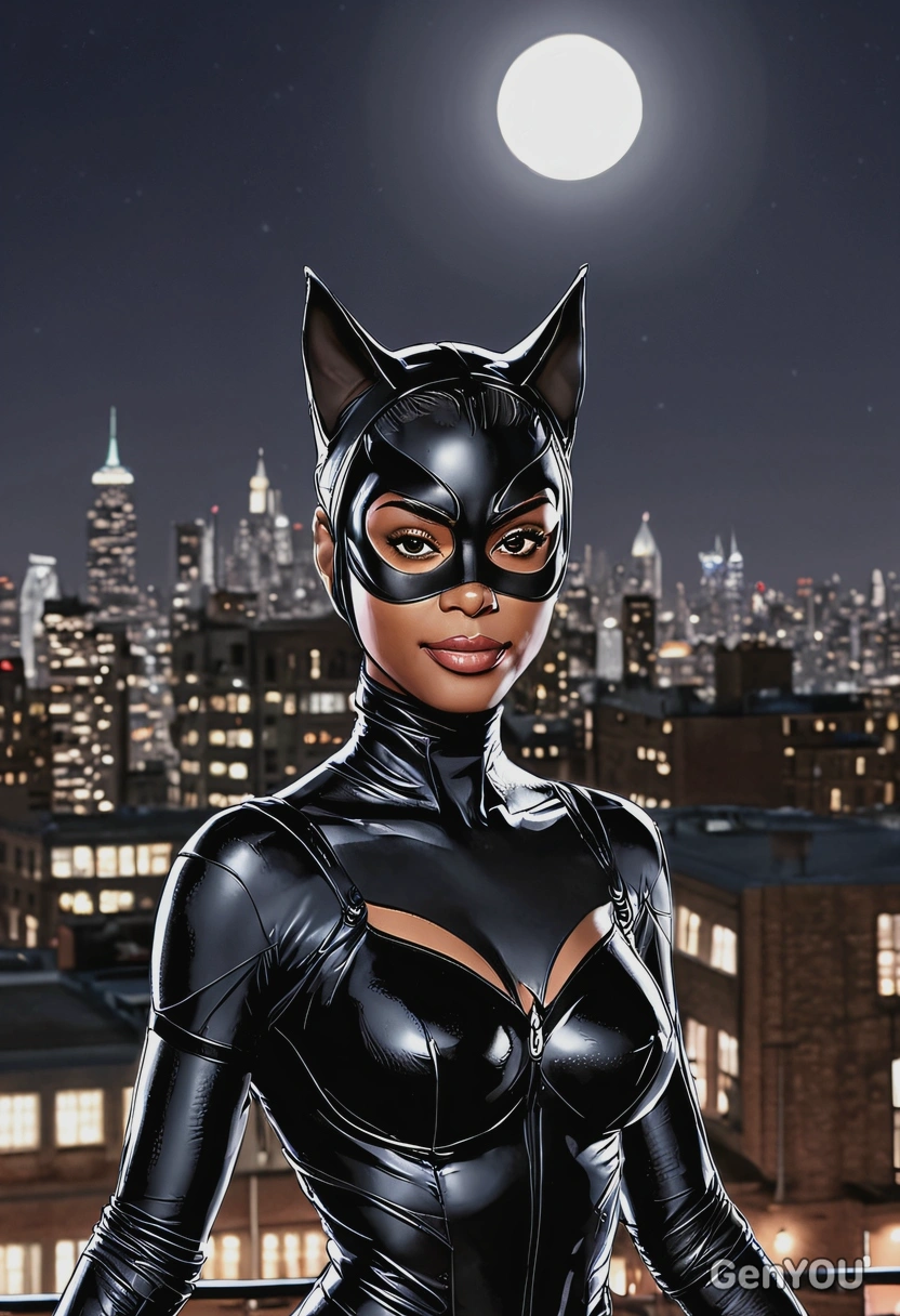 Hand-drawn flat cartoon style, Catwoman, mask with cat ears, sharp outlines, oversized cartoon big sparkling eyes, moonlit city lighting, waist-up portrait, Gotham rooftop background