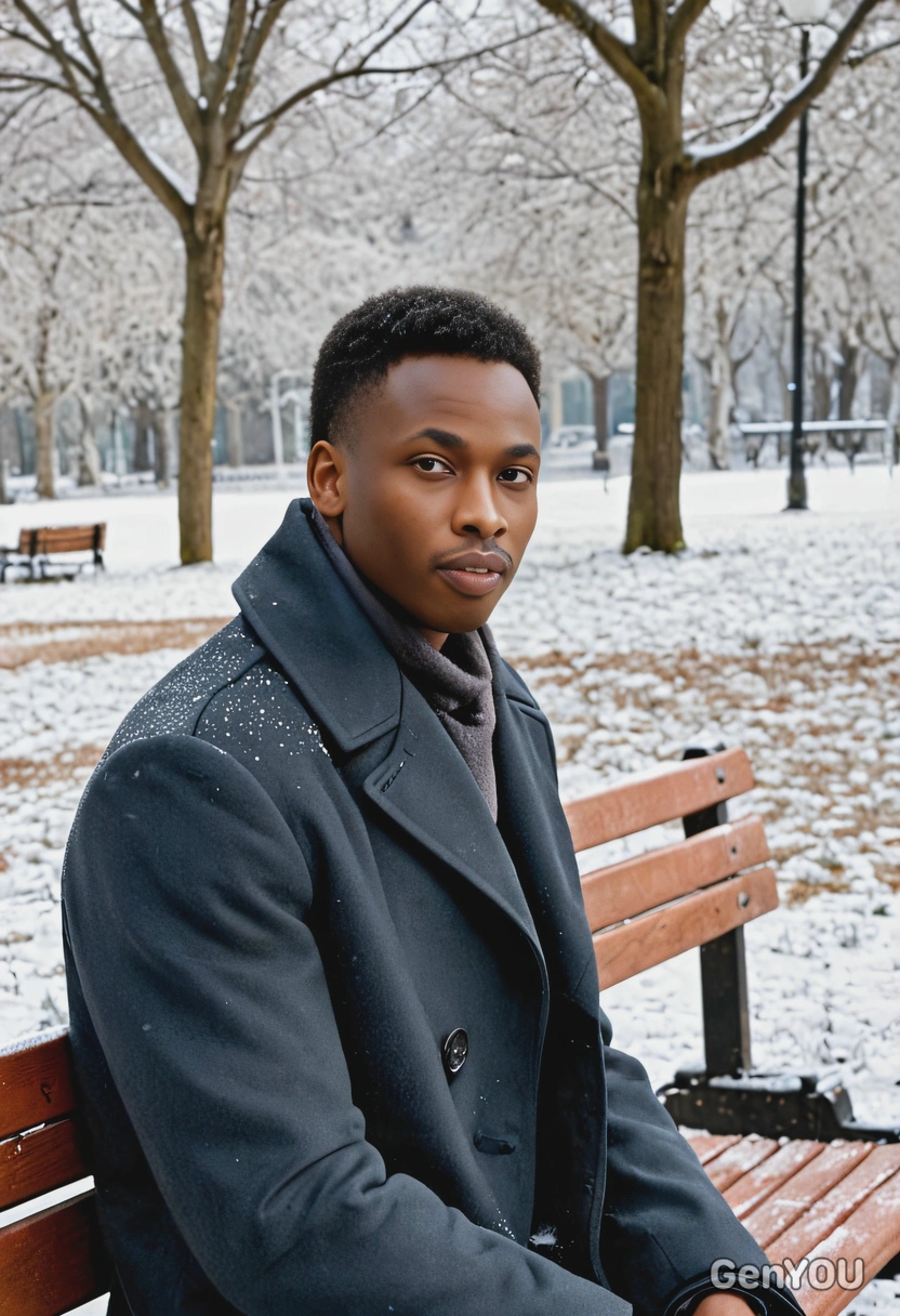 as a man in a long coat, sitting on a park bench in the snow, staring at the frost-covered trees