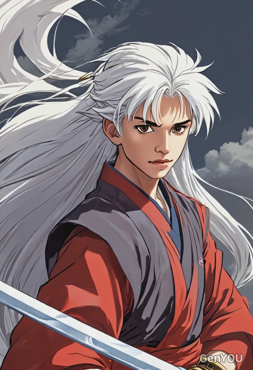 Inuyasha holding his Tessaiga sword, wind blowing his hair. Anime style, big eyes, manga drawing
