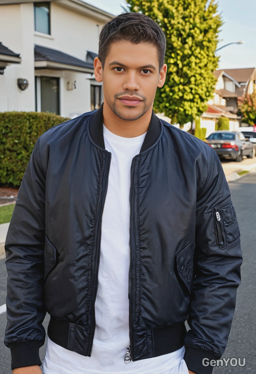mid-shot, with a sleek side part, wearing a bomber jacket and a basic white tee, on a suburban street, looking at camera 