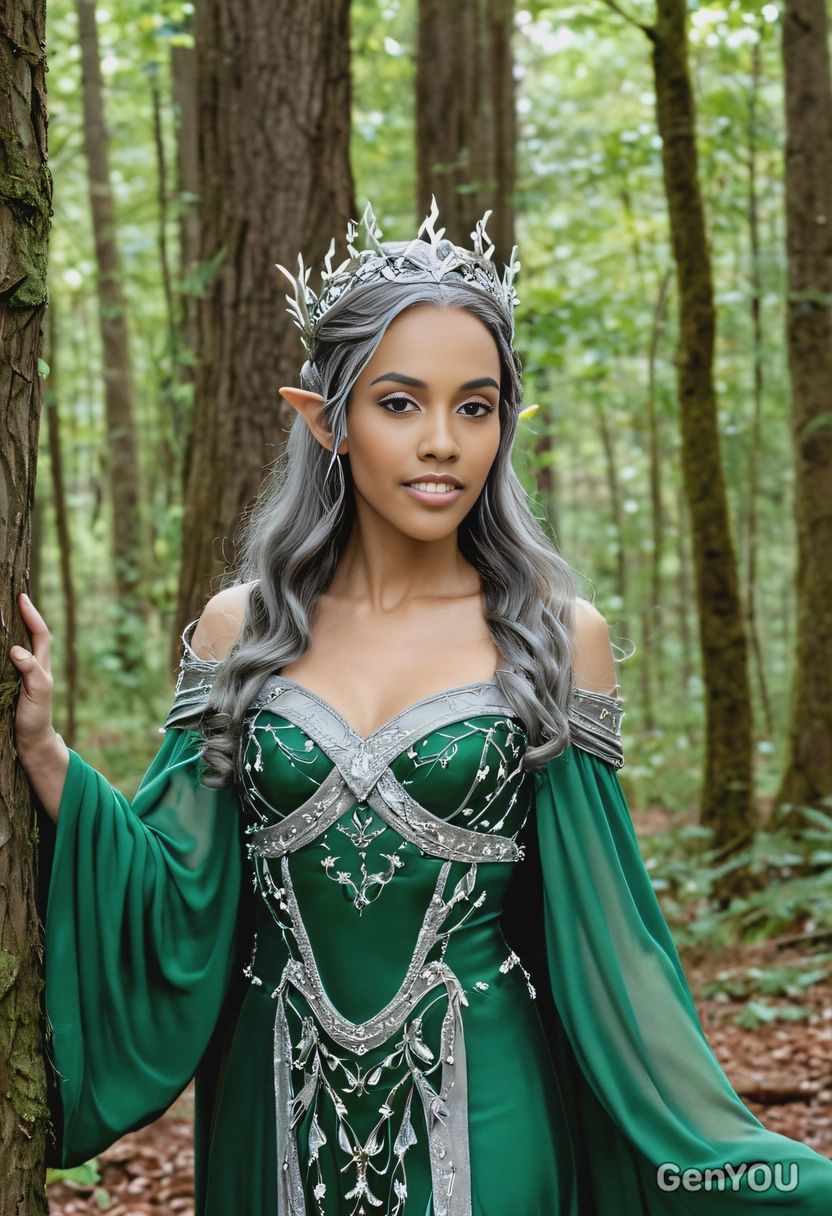 As a woodland elf queen, wearing a flowing green gown with silver accents, standing in an enchanted forest