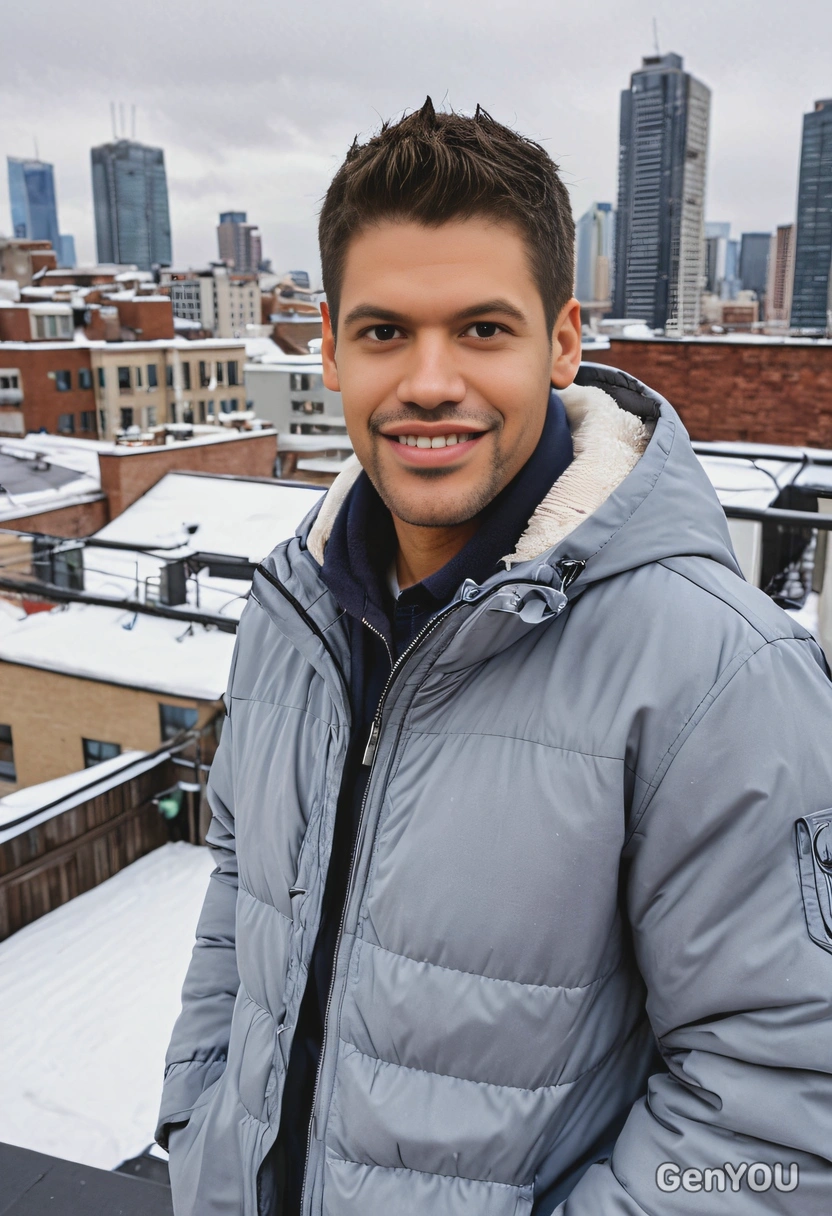 smiling, in a cozy jacket, standing on a rooftop with a snowy city view 