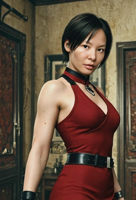 as Ada Wong from Resident Evil 4, short halter top red dress, black belt, old style room, blurred background, game screenshot