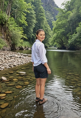 A solo traveler on a peaceful river, full body view