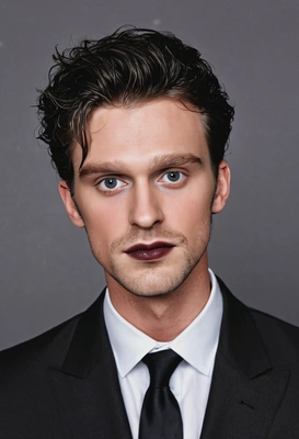 starry eye makeup, dark hair, dark lipstick on lips, black suit, professional magazine photoshoot