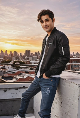 as Chanyeol from EXO, in a black bomber jacket and jeans, in an urban rooftop setting with sunset in the background