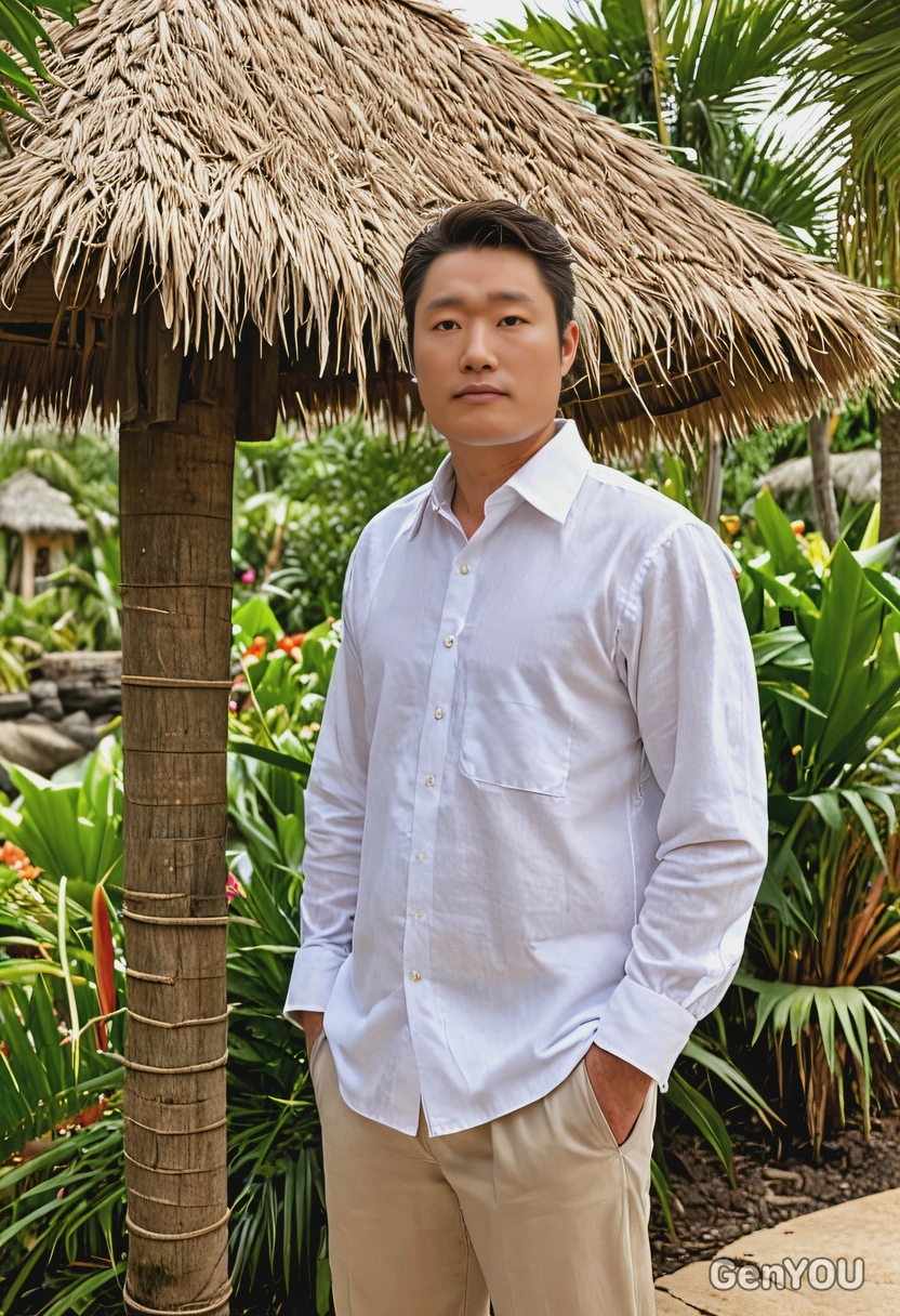 As a groom in a white linen shirt and khakis, standing under a tiki hut at a tropical island wedding ceremony, flower in the petal