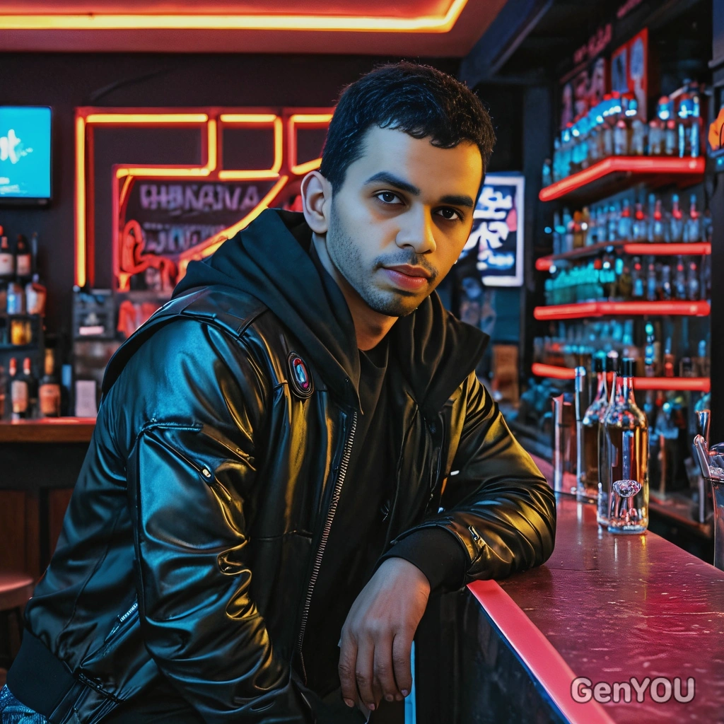 leaning against a neon-lit bar counter, in cyberpunk clothes