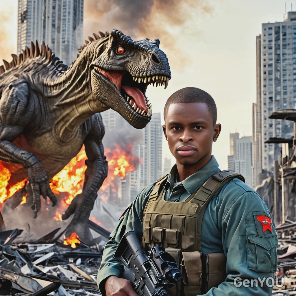 as a cosplayer of soldier, military uniform, rifle in hands, worried face expression, blurry giant dinosaur-like monster far behind among shabby destroyed burning Tokyo skyscrapers, looking directly at camera, vivid colors, late evening, high-quality cinematographic style