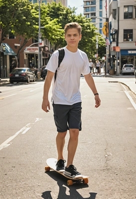 in casual summer clothes  riding a longboard down a sunlit city street, mid-shot photo