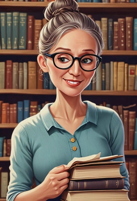 @me as a librarian, hair in a bun, wearing glasses, holding a stack of old books, a quiet library, eyes down, reading, symmetrical clothing details, smiling with mouth closed, cartoon style, high-quality stylized art
