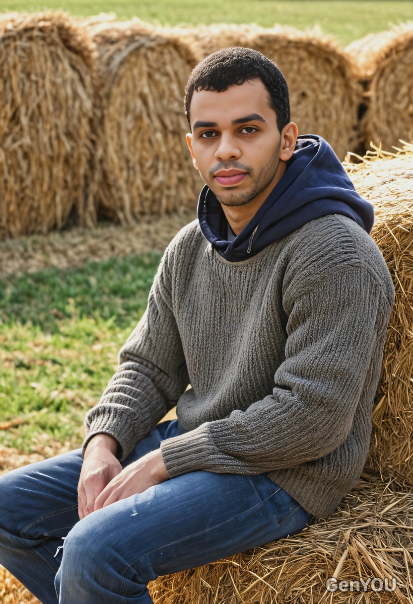 sitting on a hay bale, fall background