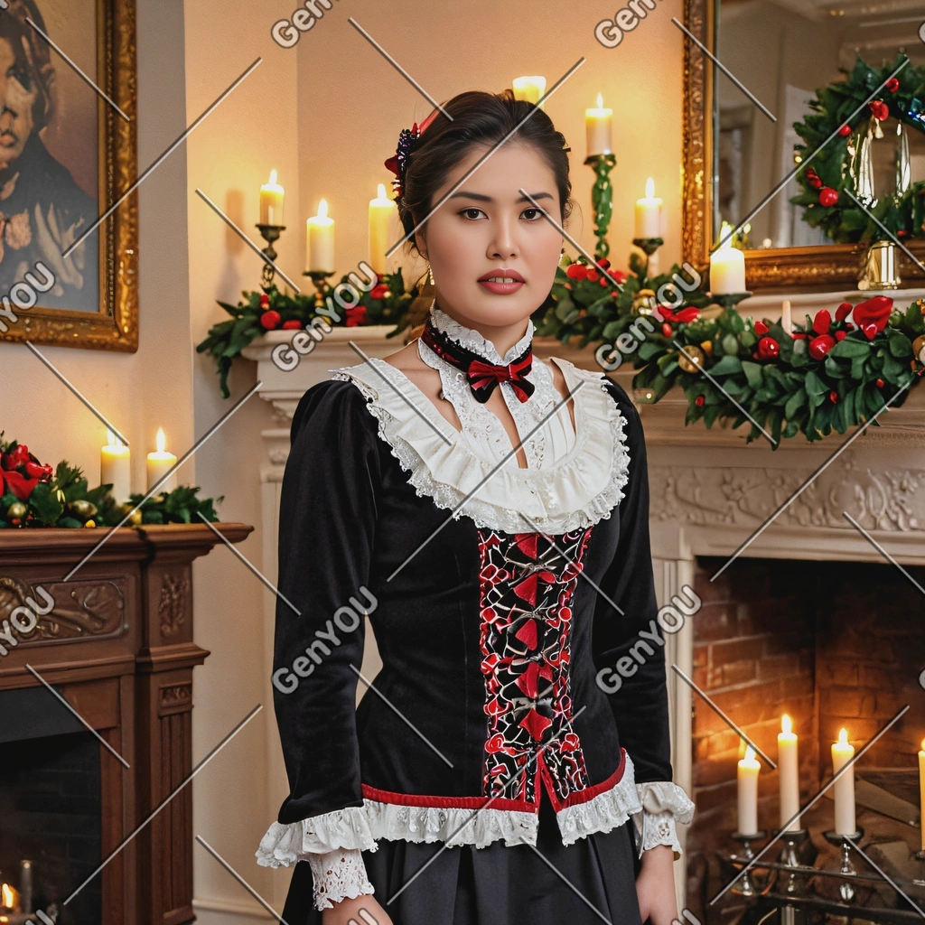dressed in a traditional Victorian-style Christmas outfit, standing by a decorated fireplace with garlands and candles glowing warmly