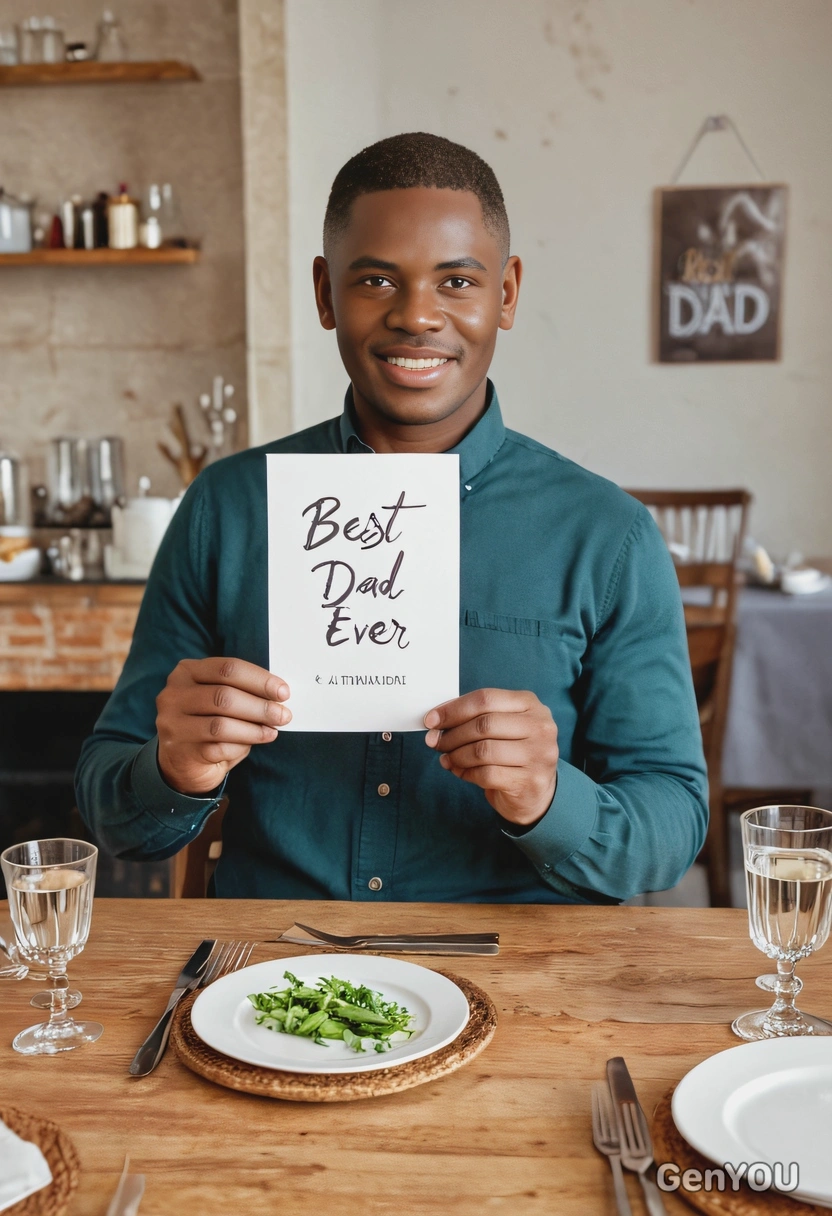 at a family dinner, holding a handmade 'Best Dad Ever' card, smiling proudly, blurred background, professional photoshoot, minimalistic room