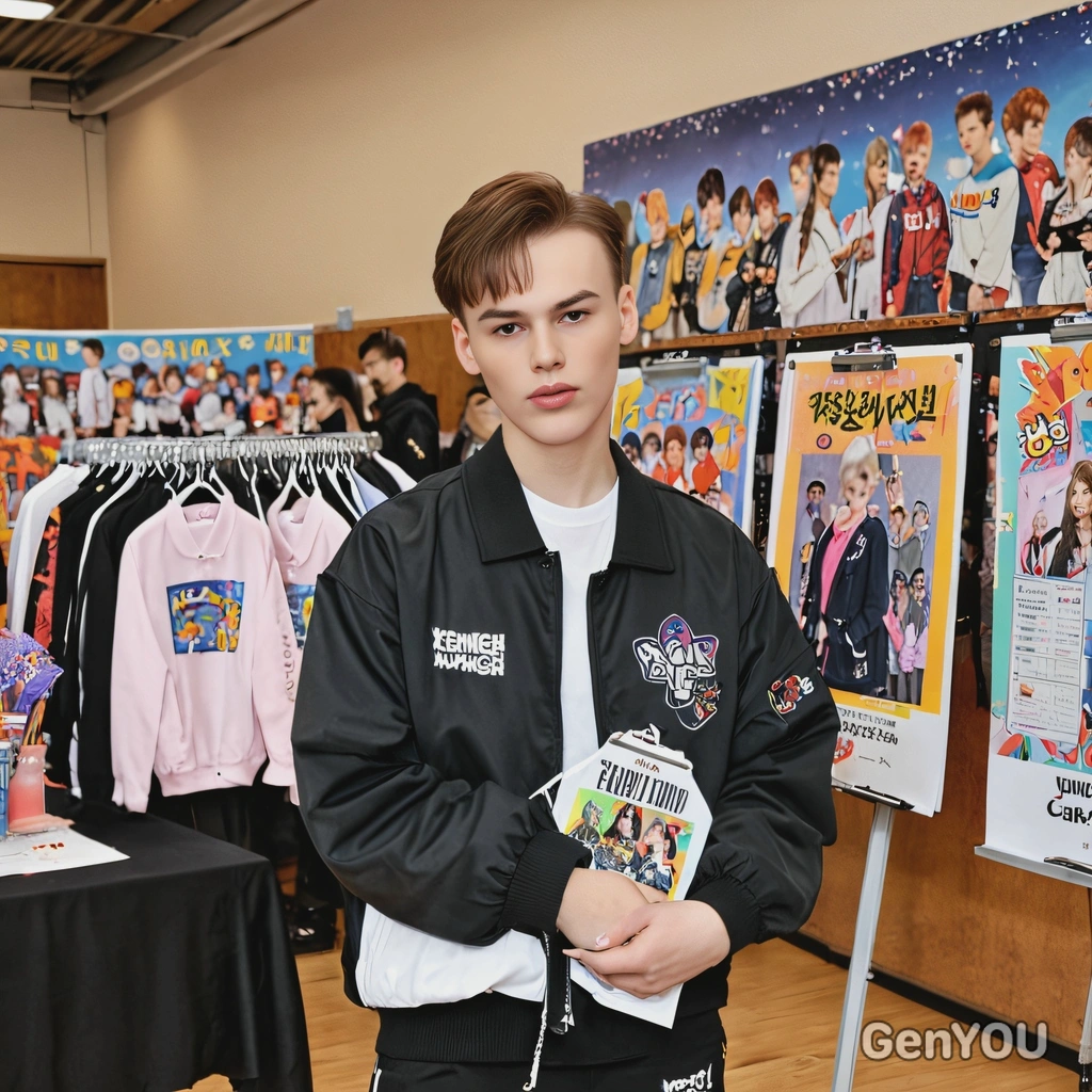 as a K-pop fan club event organizer, wearing a fan club jacket and holding a clipboard, standing in a brightly decorated event hall with K-pop posters and merch tables