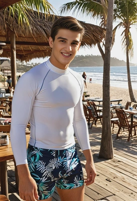 in a rash guard and board shorts at a beachside café, early morning sun, mid-shot photo 