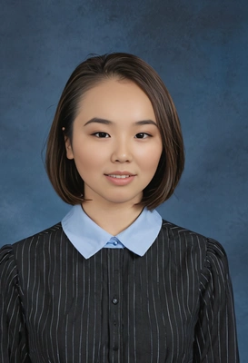 student with a sleek bob, dressed in a black pinstripe blouse, blue yearbook background, mid-shot photo  