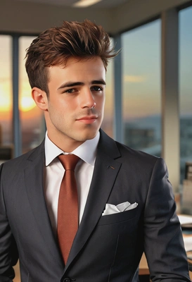 neat business suit, flight hair, serious look, leaning on the office desk, blurry office background, sharp high-quality, sunset lighting