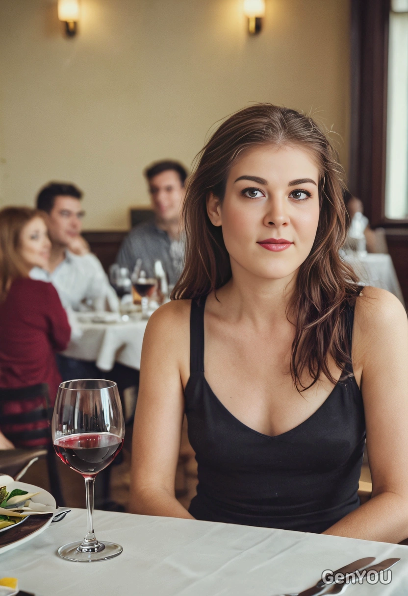 enjoying wine at the table, eyes on you, blurred background, professional shot, New York filter