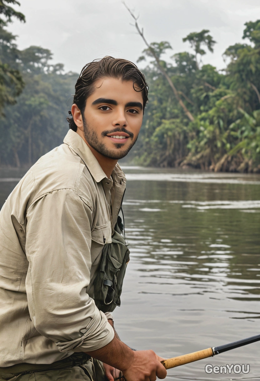 A man fishing in a remote part of the Amazon River, half body portait