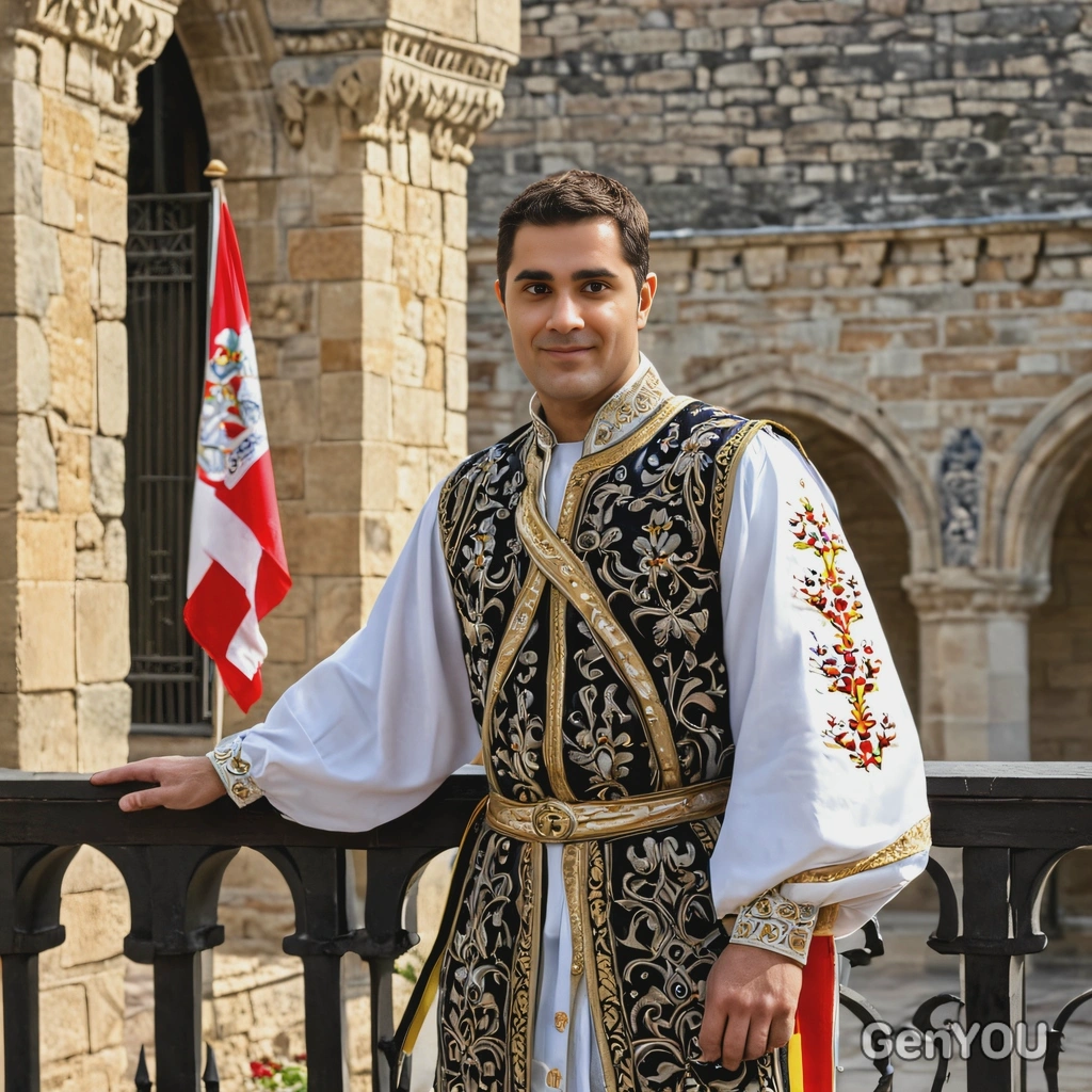 as a noble lord, wearing a finely embroidered tunic, standing on a castle balcony overlooking the kingdom, with flags fluttering in the wind